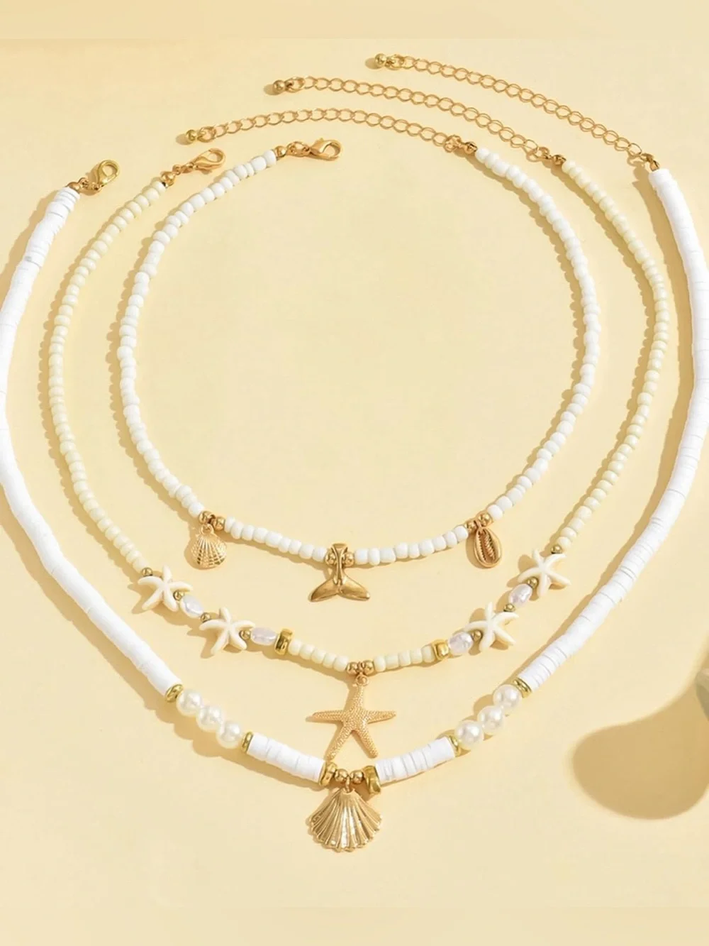 Layered Gold & White Beach Charm Necklace Set of 3 + 2 Bracelets
